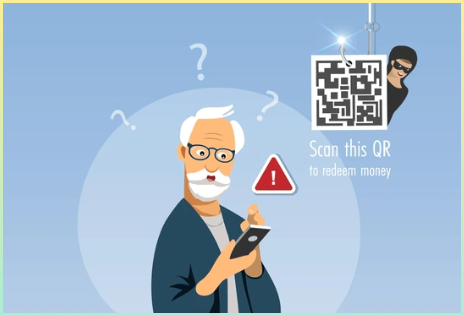 온라인 QR 코드 피싱 사기에 연루된 노인, 은행 계좌에서 돈을 훔치기 위한 사기성 QR 코드 링크가 포함된 피싱 후크, 사이버 범죄 공격. 벡터이미지.