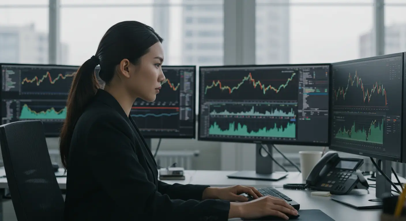 복잡한 주식 차트, 금융 데이터, 스프레드시트가 켜진 여러 대의 모니터에 둘러싸여, 현대적이고 세련된 사무실에서 집중하고 있는 금융 분석가의 모습