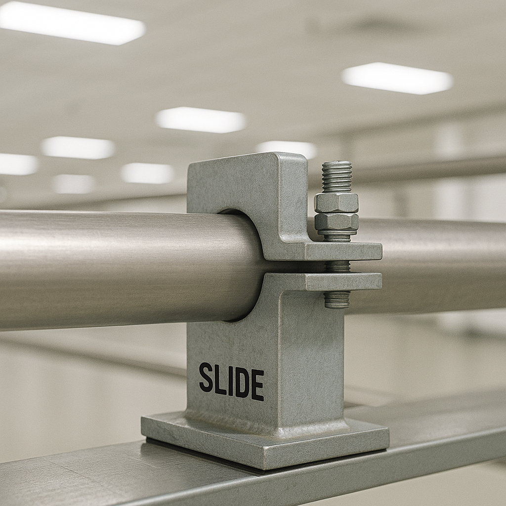 Realistic close-up of a slide support pipe support allowing axial movement of stainless steel piping