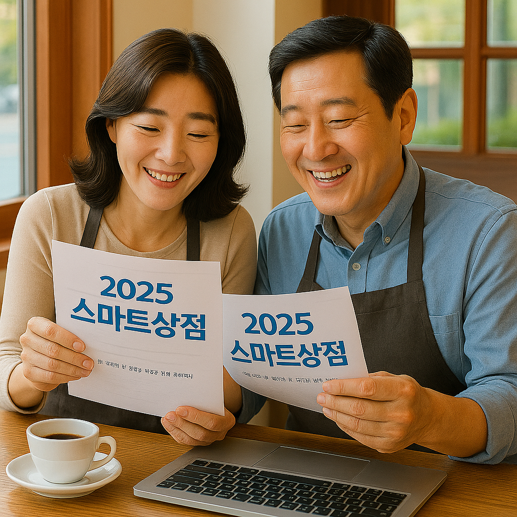 스마트상점 공문을 읽고있는 부부 모습