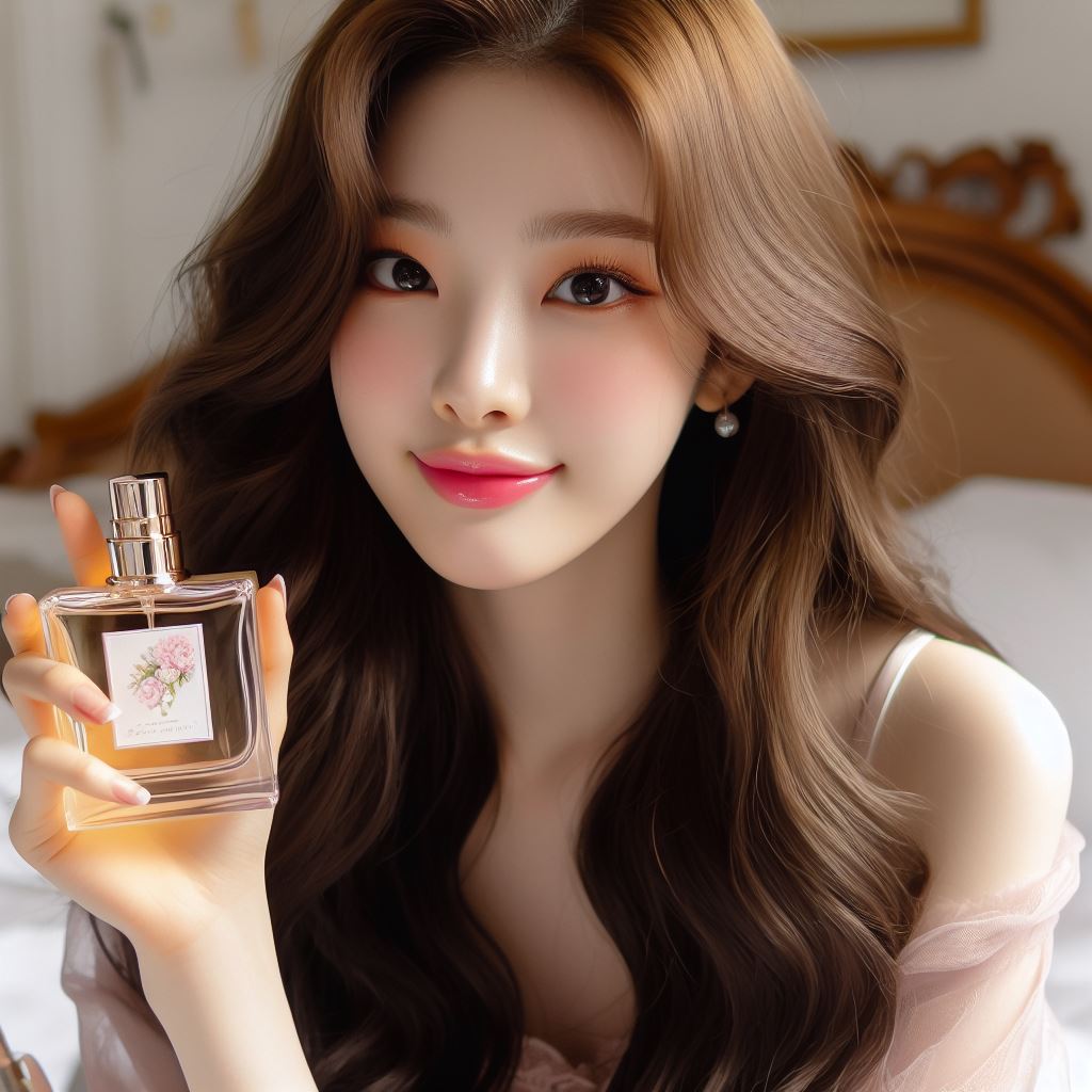 한국의 20대 긴 생머리 이쁜 여자 대학생이 향수를 들고 웃고 있는 모습