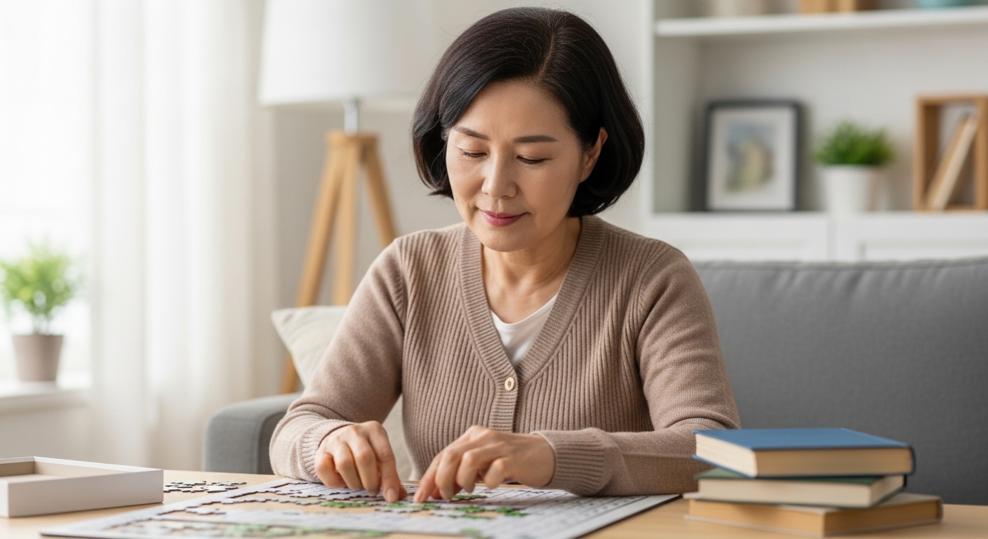 60대 한국 여성이 스도쿠 퍼즐을 풀며 인지 활동을 하는 모습. 집중하는 표정과 편안한 분위기로 뇌 건강 관리를 나타냄.