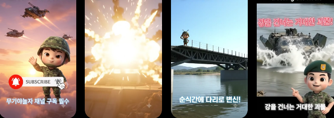 개별 차량 형태로 수상에 진입한 '수룡' 장비들이 인접한 장비들과 완벽한 자동 결합 시스템을 통해 신속하게 서로를 연결(라프팅)하는 모습