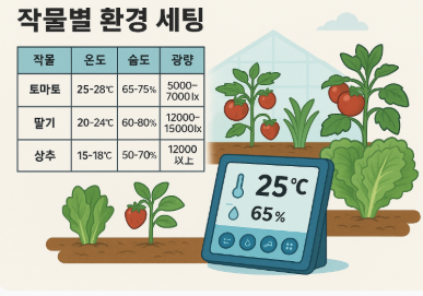 토마토, 딸기, 상추를 위한 환경 조건이 표로 정리된 스마트팜 일러스트