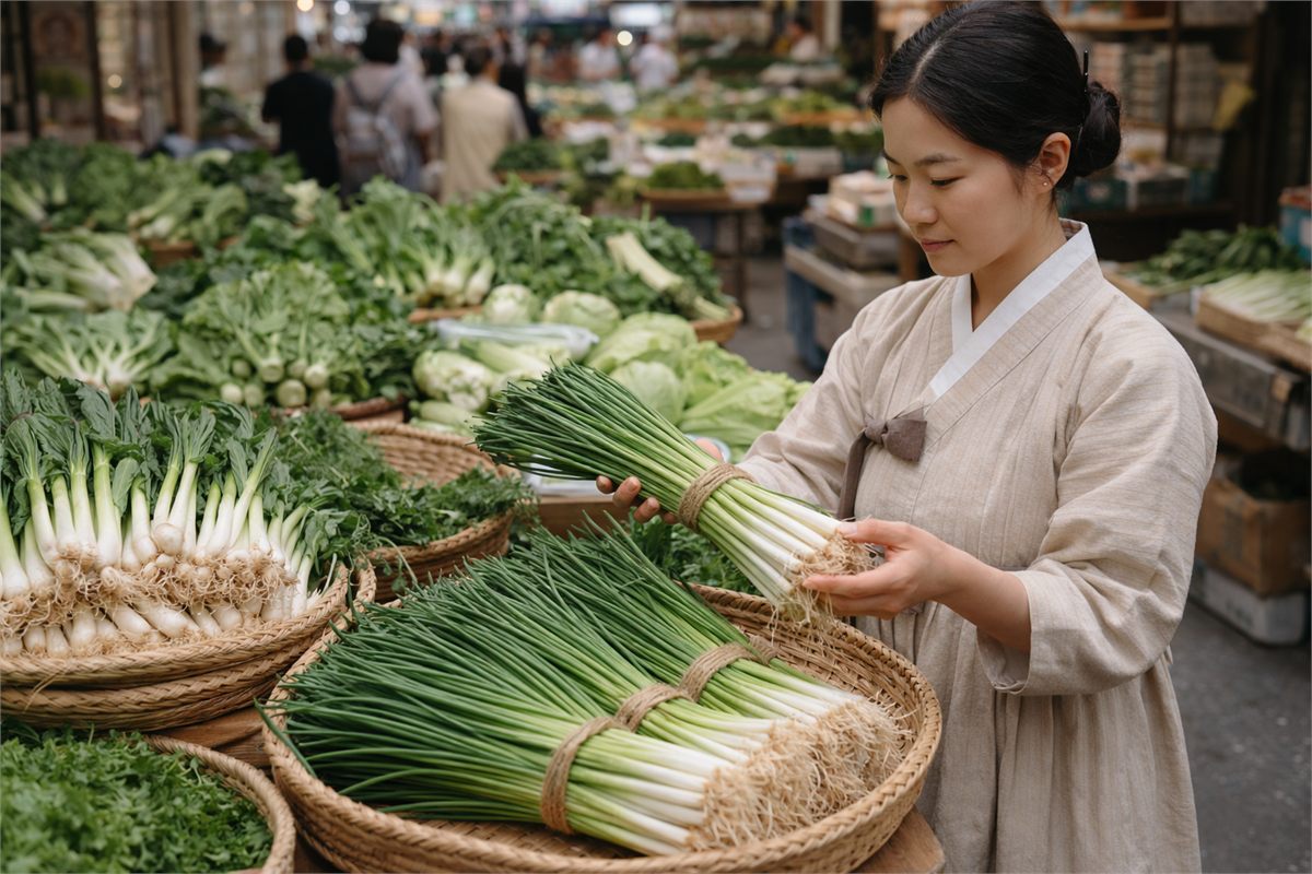 전통시장에서 신선한 쪽파를 고르는 장면