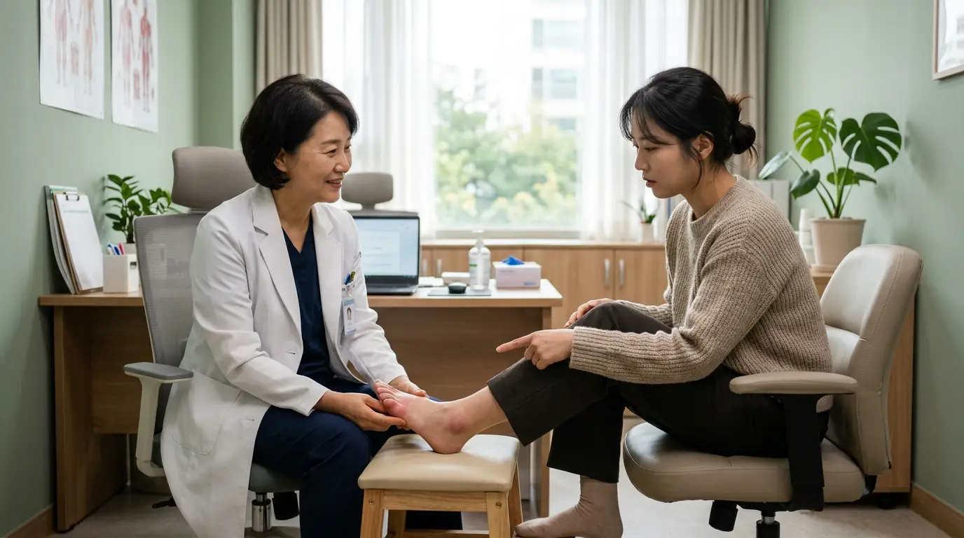 병원 진료실에서 발 관절 증상을 상담하는 중년 환자
