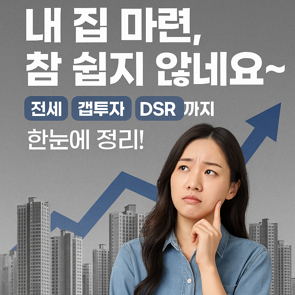 내 집 마련이 어려운 이유, 전세 갭투자 DSR까지 부동산 핵심 개념을 정리한 썸네일 이미지. 고민하는 여성과 고층 아파트, 상승 화살표 배경이 인상적임