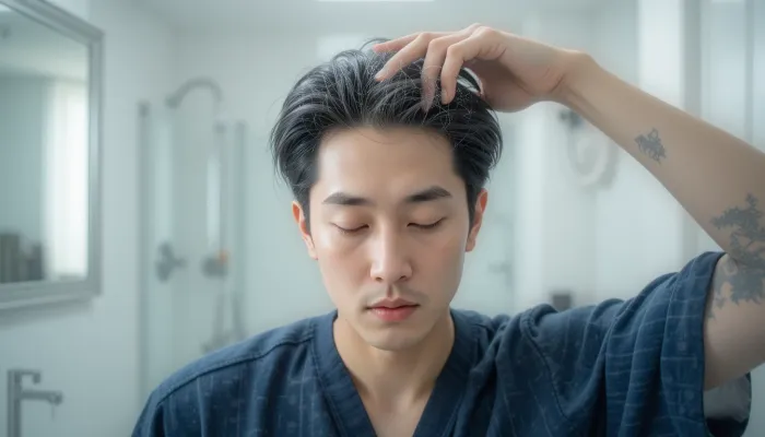 드라이하며 두피 마사지기로 두피 건강 관리 방법 실천하는 한국인 남성