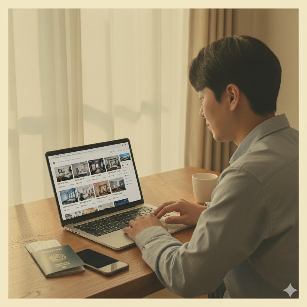 차분한 분위기 속에서 노트북과 여행 가이드북을 활용해 2026년 해외 숙소를 꼼꼼히 비교 분석하는 **'스마트한 짠돌이'**의 모습을 담았습니다.