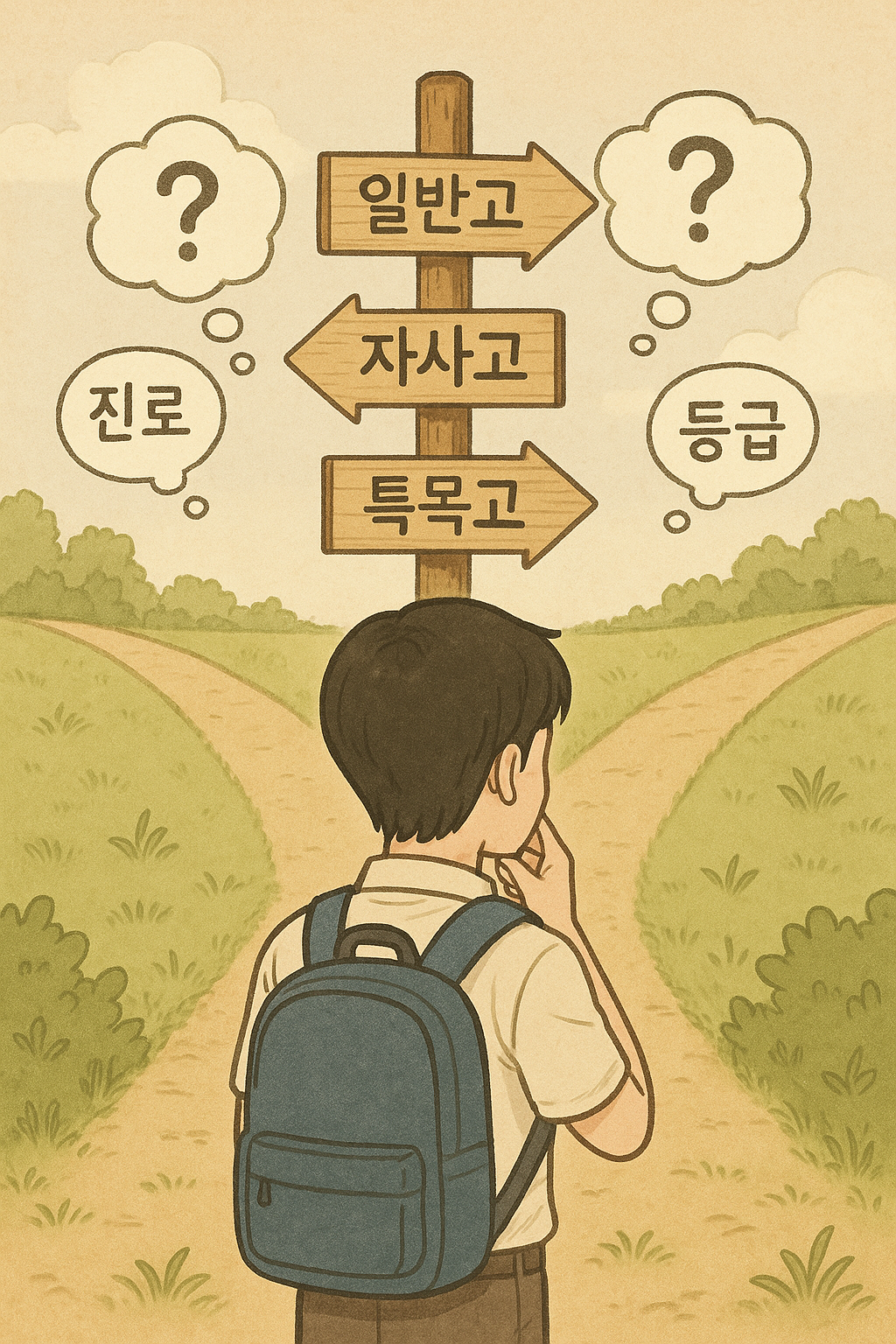 고교 선택(일반고/자사고/특목고) 갈림길에서 고민하는 학생 이미지