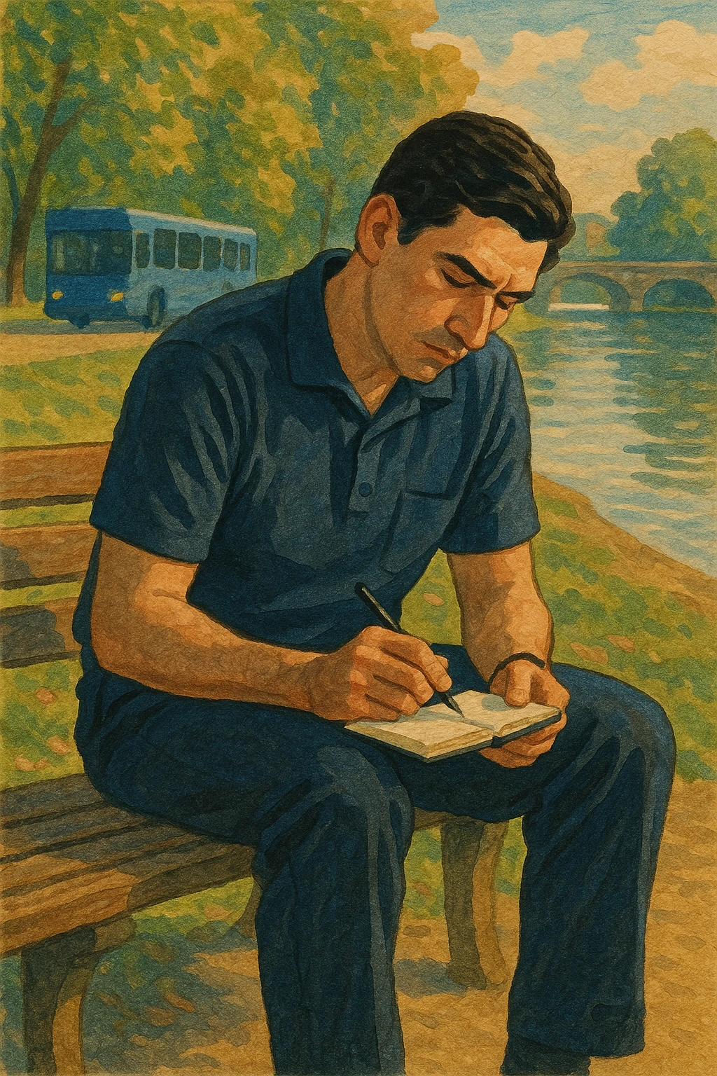 벤치에 앉아서 필기하는 중년 남성 이미지