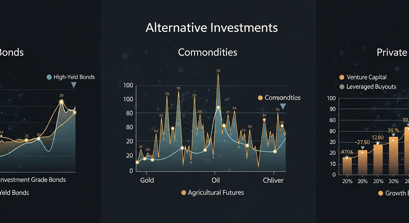 다양한 금융 상품(채권, 원자재, 사모펀드)을 나타내는 그래프 이미지, 대체 투자의 활용을 시각화