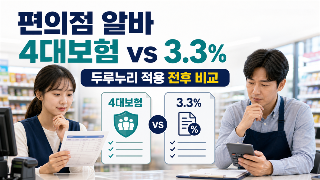 편의점 알바의 4대보험과 3.3%, 두루누리 적용 전후 실수령액과 사장 부담을 비교하는 대표 이미지