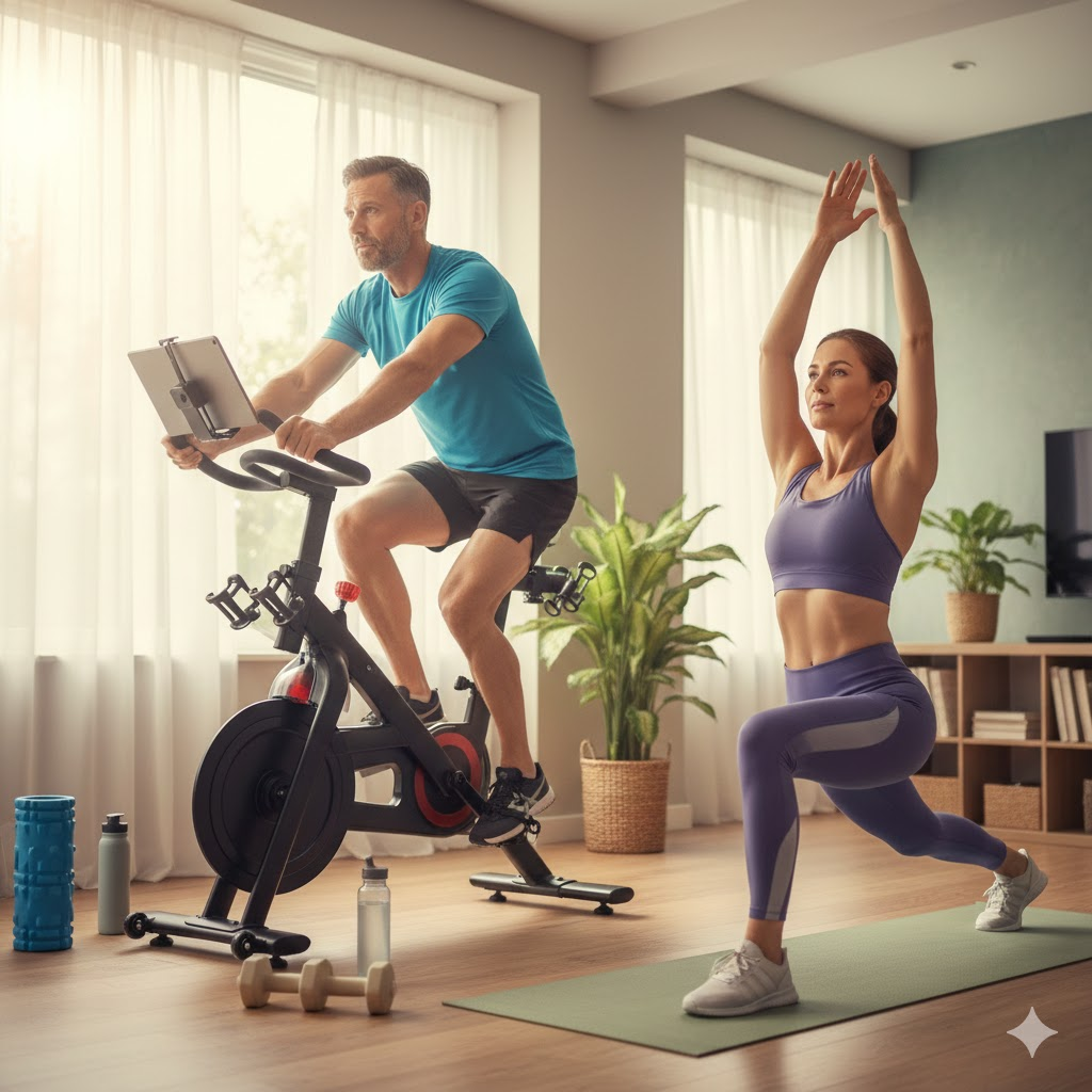 실내 자전거를 타거나 요가 매트 위에서 스트레칭하는 활기찬 모습