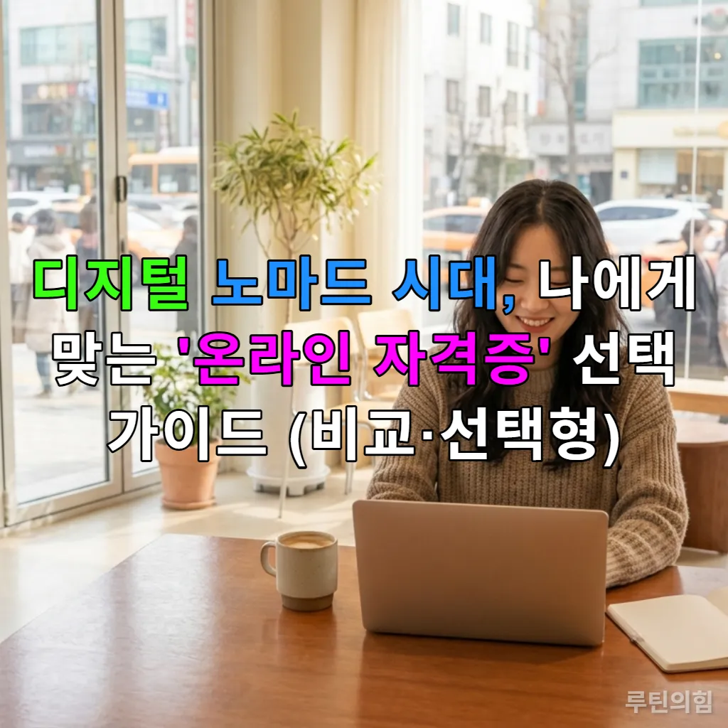 한국인 여성이 카페에서 노트북으로 일하는 모습. 디지털 노마드의 자유로운 삶을 상징한다.