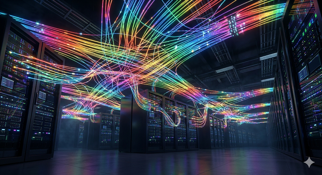 어두운 데이터 센터 내부에서 수만 개의 무지갯빛 광섬유가 거미줄처럼 뻗어 나가며 빛의 속도로 데이터를 나르는 3D 일러스트