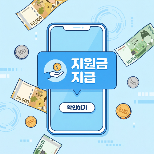 스마트폰 화면에 '고유가 피해지원금 신청 완료'라는 알림 메시지가 떠 있고, 그 주변으로 한국 화폐 기호와 그래픽 요소들이 조화롭게 배치된 현대적인 디지털 일러스트레이션. 전체적으로 신뢰감을 주는 푸른색과 흰색 톤을 사용하여 정부 지원 정책의 혜택을 시각화함.