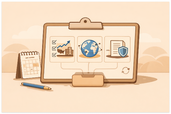 3ETF 포트폴리오를 체크리스트와 리밸런싱 계획으로 관리하는 장면의 일러스트