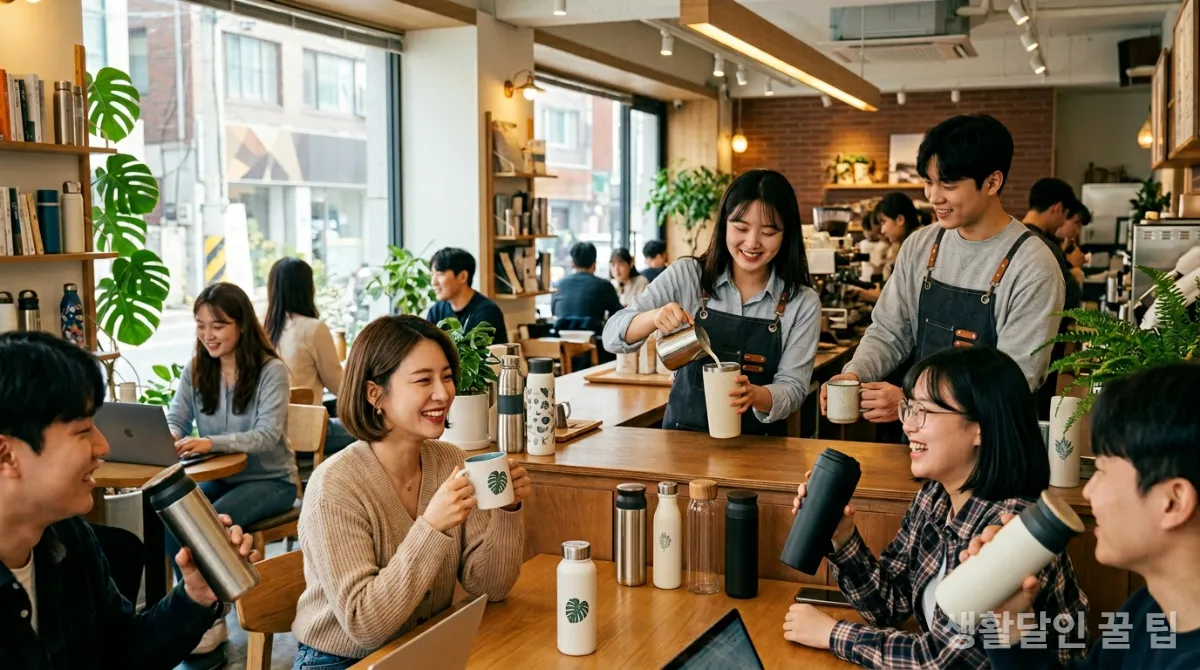 2026년 새로운 규제에 맞춰 개인 텀블러를 사용하는 손님들로 가득 찬 현대적인 한국 카페 내부