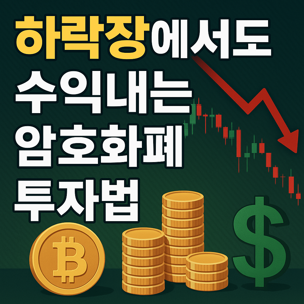 하락장에서도 수익을 내는 암호화폐 투자 전략을 시각적으로 표현한 이미지. 비트코인, 금화, 달러 심볼과 하락하는 빨간 차트가 포함됨.