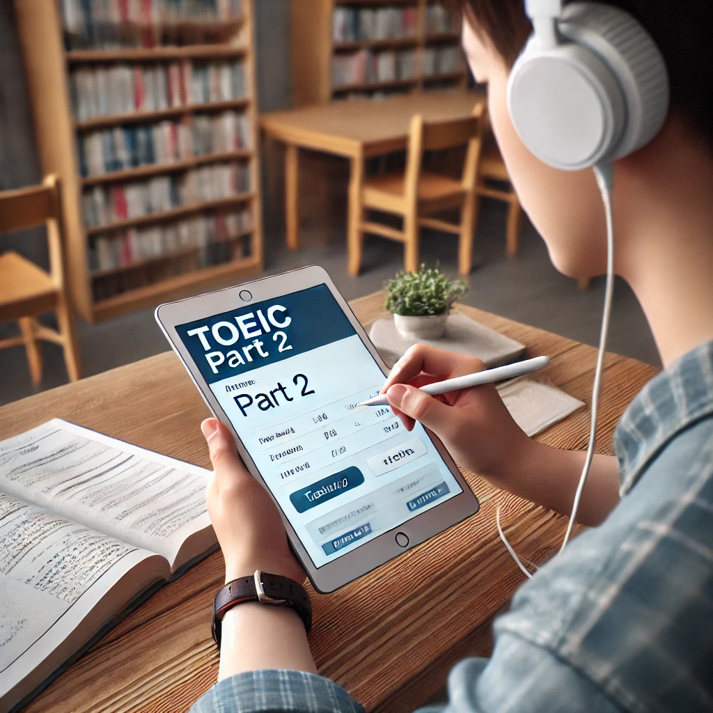 도서관에서 토익 파트 2를 연습하는 학생