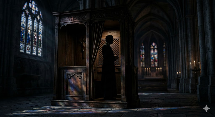 어두운 성당의 고해소 안, 사제복을 입은 남자의 실루엣이 희미하게 보이고 그를 바라보는 수많은 타인들의 시선이 얽혀 있는 모습