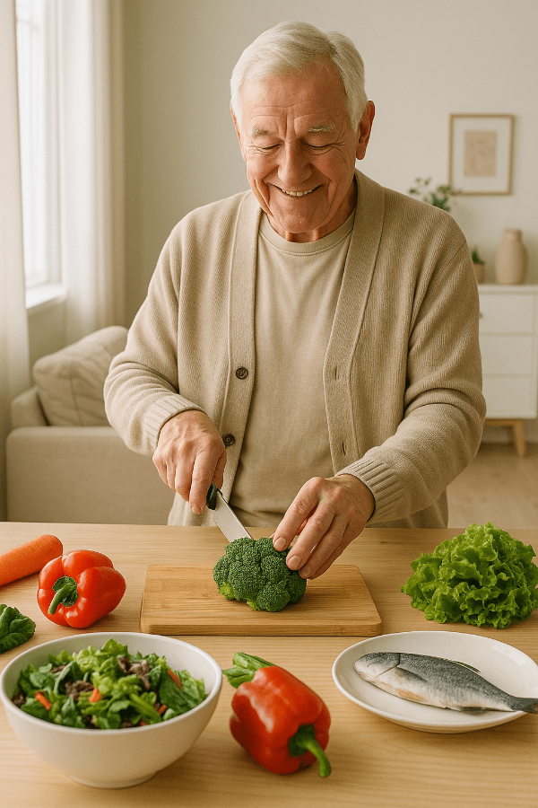 밝은 공간에서 식사를 준비하는 노인의 모습과 채소가 놓인 테이블