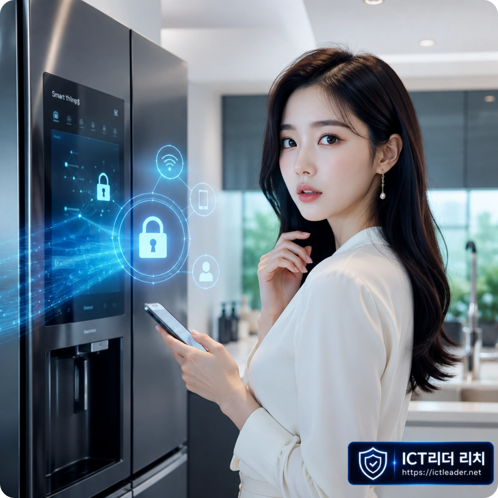 스마트 냉장고와 휴대전화를 사용하는 여성 및 IoT 개인정보 보호 보안 이미지