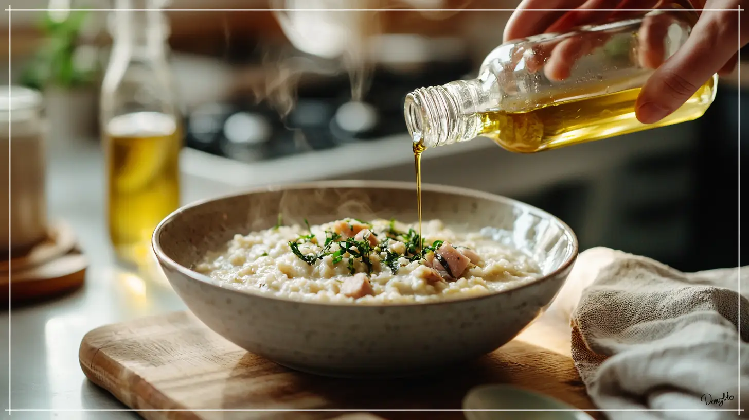 오트밀-먹는법인-오트밀-미역죽을-완성하여-위에-병에-들어있는-참기름을-뿌리고-있는-사진