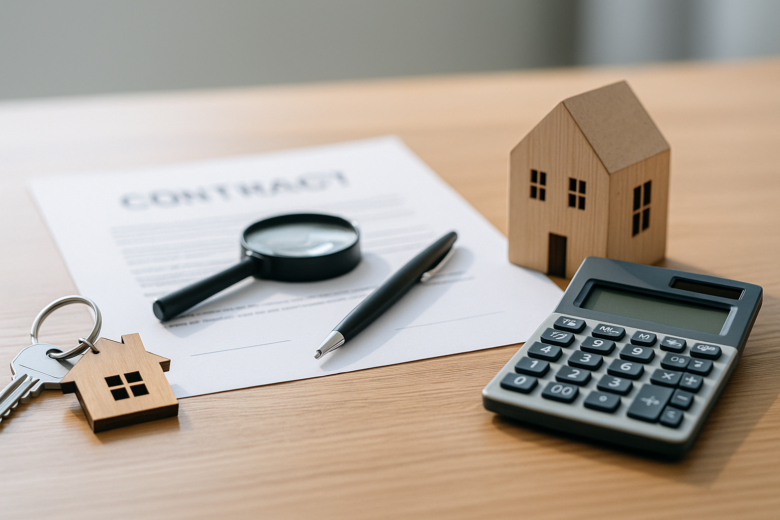 부동산 중개보수 계산을 상징하는 집 모형과 계산기, 계약서가 놓인 사진