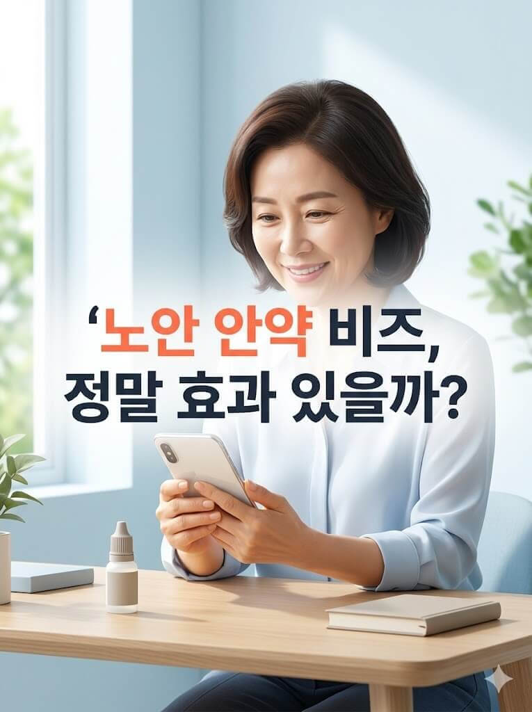 노안안약 점안후 스마트폰을 편한게 보는 중년 여성의 모습
