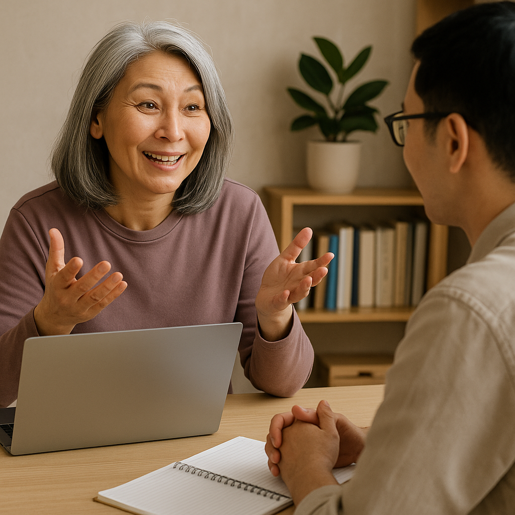 젊은 남성 독자와 소통하는 중년의 여성 블로그의 이미지