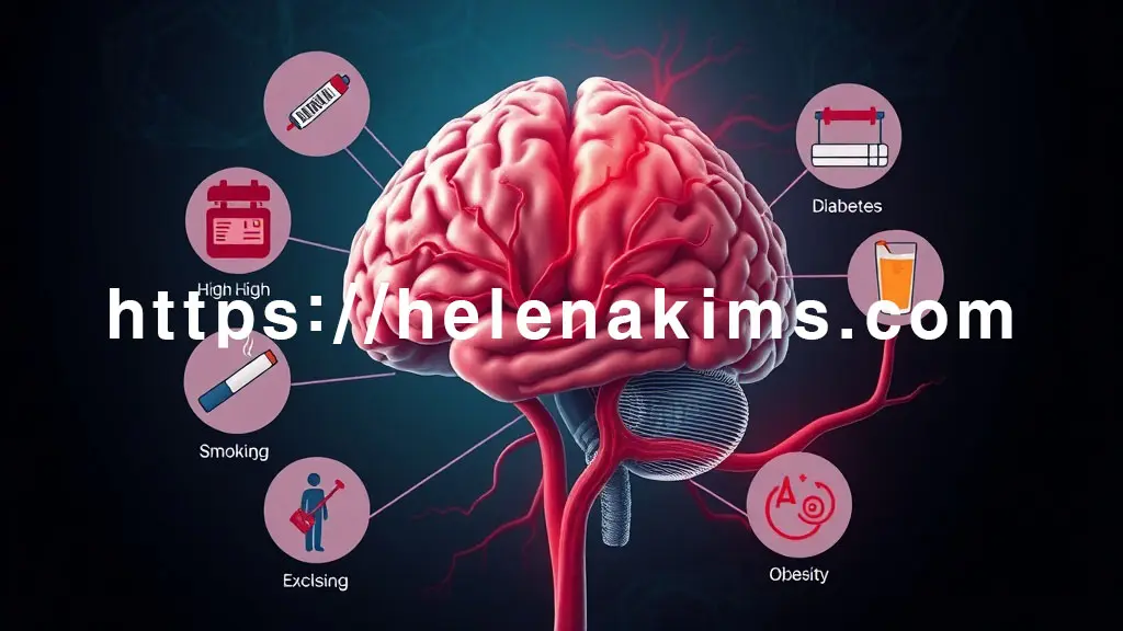 중앙에 인간 뇌의 혈관 단면이 보이고, 그 주변을 고혈압, 당뇨, 흡연, 과음, 비만을 상징하는 아이콘들이 둘러싼 모습.