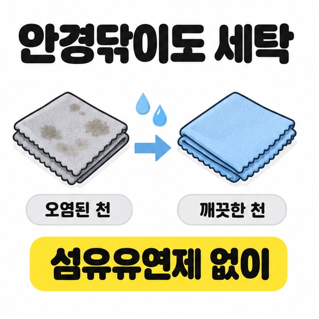 얼룩이 있는 안경닦이에서 깨끗한 파란 천으로 물방울과 화살표가 이어지며 섬유유연제 없이 세탁하도록 안내한 그림