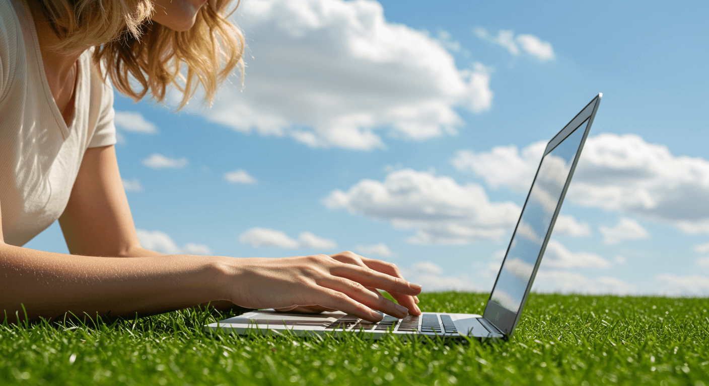 잔디밭에서 노트북으로 포스팅 중인 여성 블로거의 모습