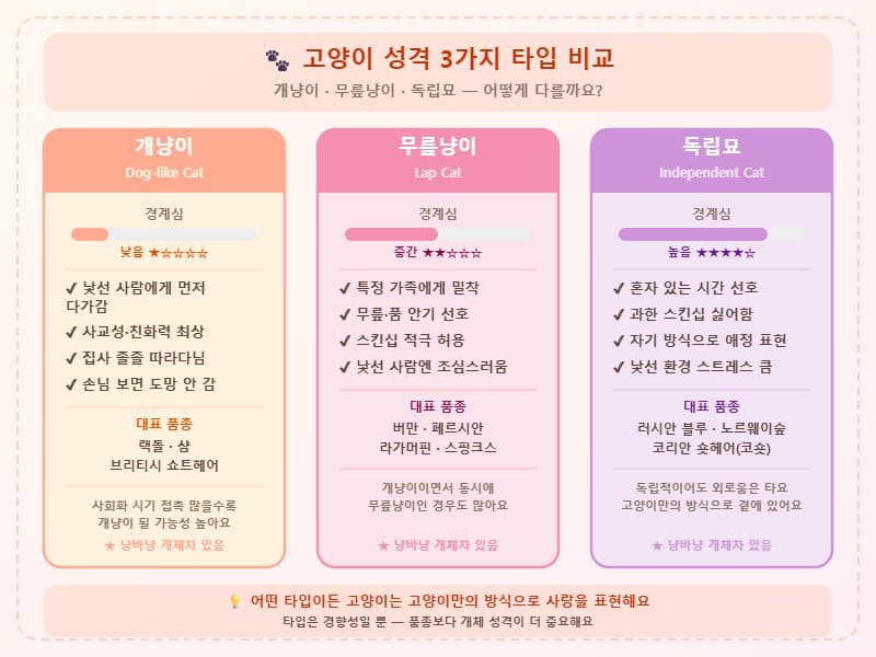 개냥이&middot;무릎냥이&middot;독립묘 3가지 타입을 경계심 수준, 특징, 대표 품종으로 비교. 타입은 경향성일 뿐이며 냥바냥 개체차가 반드시 존재합니다. 
 (펫플릭스 Petflix)