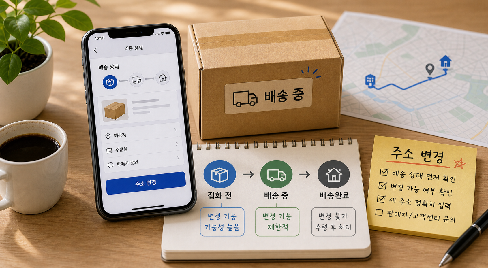 주문 상세 화면에서 택배 배송 상태와 배송지를 확인하며 집화 전 배송 중 배송완료 단계를 비교하는 대표 이미지