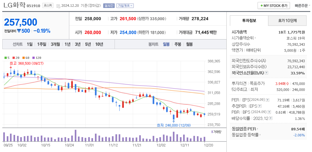 2차 전지 관련주 LG화학 주가 차트