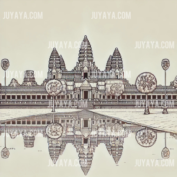 캄보디아 시엠레아프의 앙코르와트를 정교한 선으로 묘사한 라인아트 이미지.