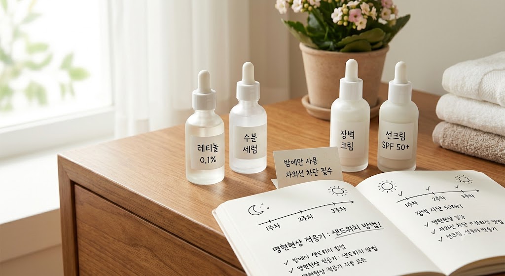 햇살이 드는 아늑한 화장대 위에 레티놀 0.1% 세럼, 수분 세럼, 장벽 크림, 선크림 4종의 화장품 병과 달과 해 모양으로 날짜가 표시된 스킨케어 일기장이 나란히 놓여 있습니다. 일기장에는 레티놀 적응을 위한 '샌드위치 방법'과 주의사항이 한국어로 손글씨로 적혀 있습니다.