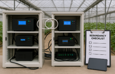 온실 내부에 설치된 두 대의 제어장비가 이중화로 연결되어 있으며, 옆에는 점검 체크리스트와 태블릿이 놓여 있는 장면