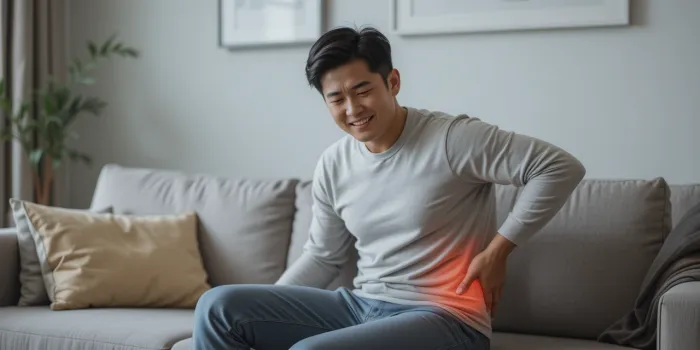  소파에서 고관절 통증 잡는 남자