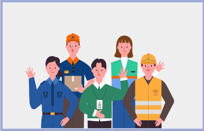 다양한 직업군의 남녀 근로자들이 함께 웃으며 포즈를 취하고 있는 일러스트 이미지