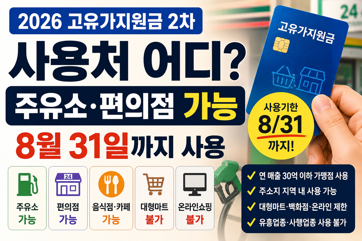 고유가지원금 2차 사용처 총정리 주유소 편의점 사용 가능 8월 31일까지 사용