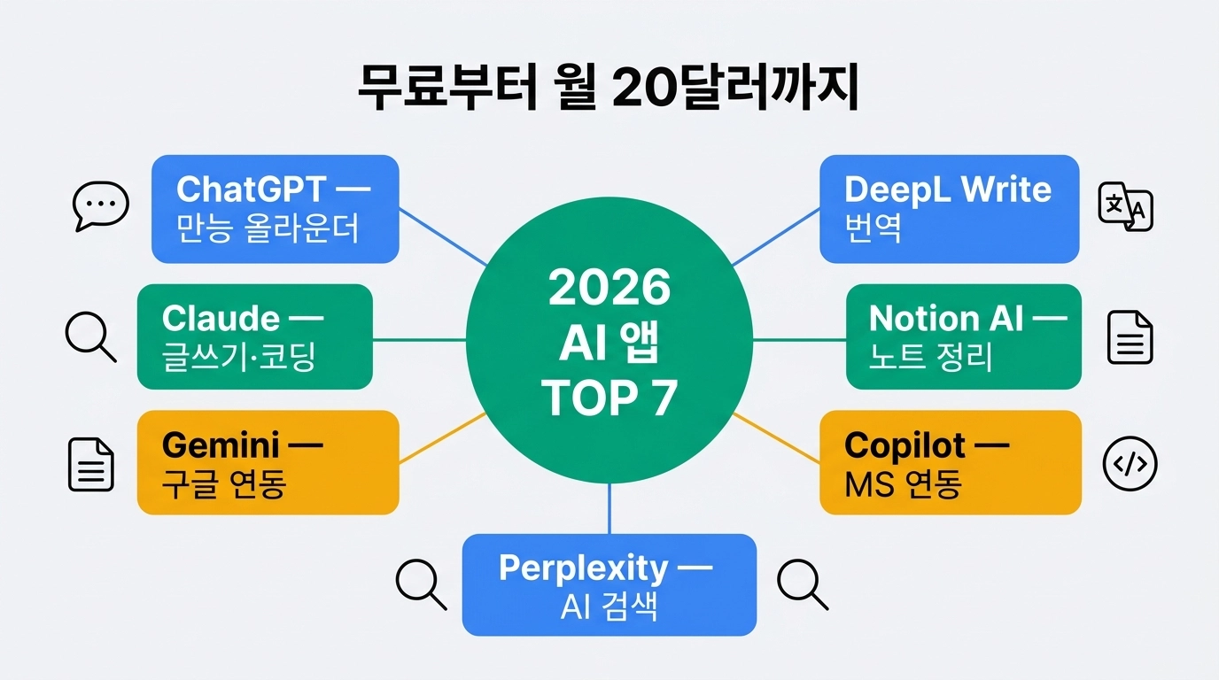 2026 AI 앱 추천 TOP 7 ChatGPT Claude Gemini Perplexity 비교 인포그래픽