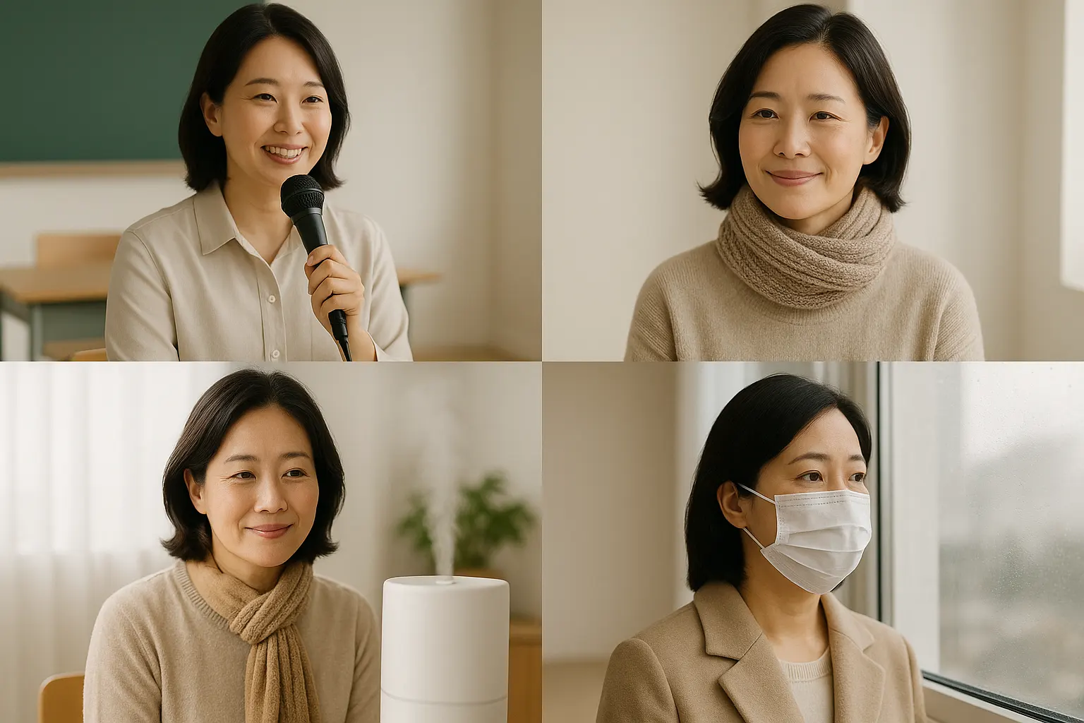 마이크를 사용하는 교사, 목에 스카프를 두른 사람, 실내에 가습기 틀어놓은 장면, 미세먼지 많은 날 마스크 쓰고 외출 자제하는 모습