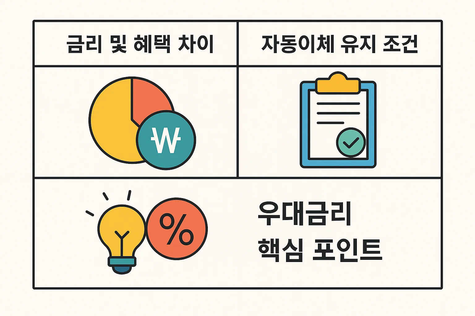 청년주택드림 청약통장의 금리, 자동이체 유지 조건, 우대금리 핵심 포인트를 도표로 정리한 인포그래픽 이미지입니다.