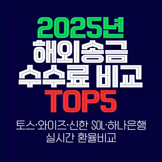 2025년 해외송금 수수료 비교 TOP5, 토스&middot;와이즈&middot;신한 SOL&middot;하나은행 실시간 환율비교 인포그래픽