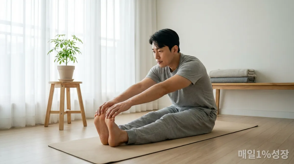 아침에 스트레칭하며 몸과 마음을 돌보는 한국 남성