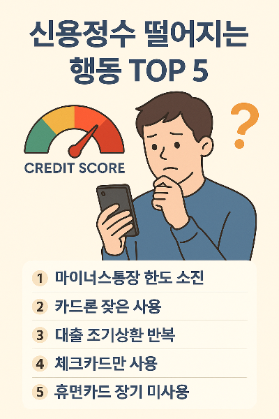 신용점수가 떨어지는 주요 행동 5가지를 스마트폰으로 확인하며 걱정하는 청년과 크레딧 게이지를 포함한 인포그래픽 일러스트